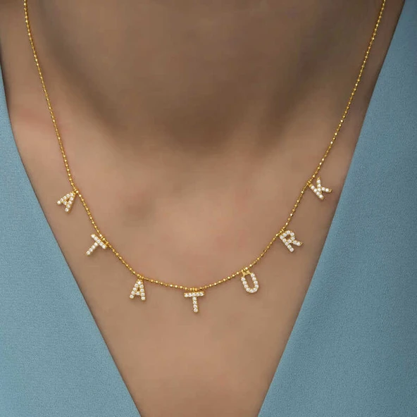 Gümüş Gold Atatürk Yazılı Bayan Kolye - Resim 4