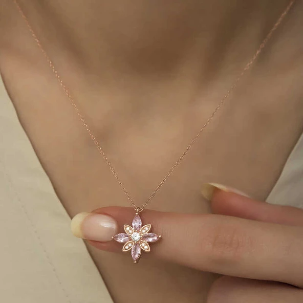 Gümüş Rose Pembe Taşlı Umut Çiçeği Kolye - Resim 5