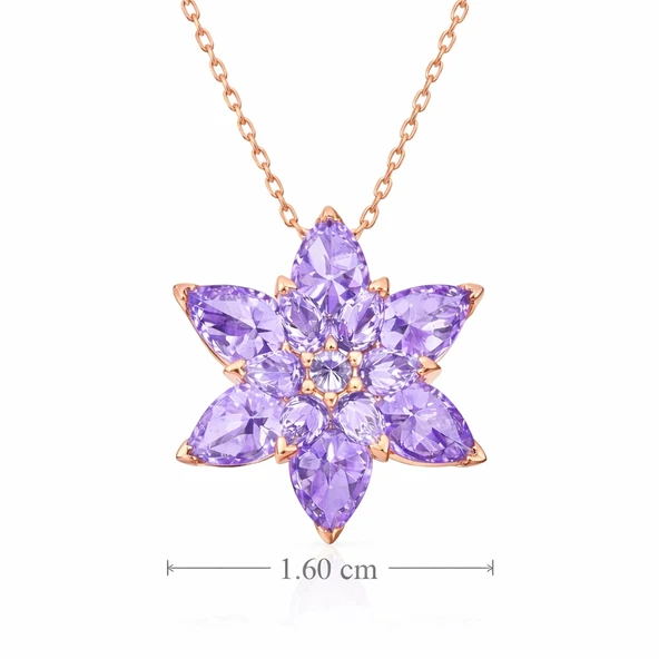 Gümüş Rose Lila Lotus Çiçeği Kolye - Resim 2