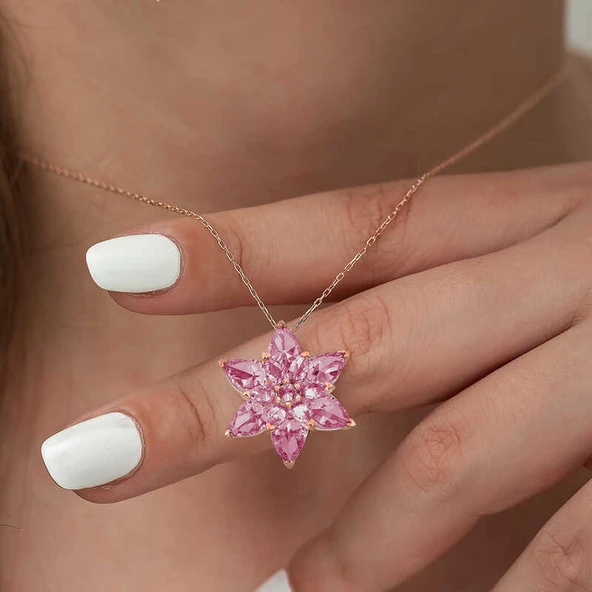 Gümüş Rose Pembe Lotus Çiçeği Kolye - Resim 3