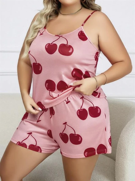 Arias Closet Büyük Beden Pembe Kiraz Desen İnce Askılı Pamuklu Şortlu Pijama Takımı - Resim 2