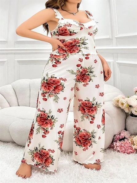Arias Closet Büyük Beden Gül Desenli İnce Askılı Beyaz Salaş 2'li Takım ürün görseli 1
