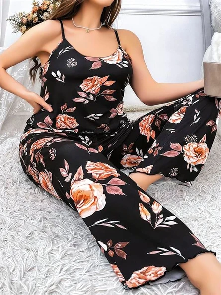 Arias Closet Büyük Beden Siyah Üstüne Çiçek Desenli İnce Askılı 2'li Pijama Takımı ürün görseli 1