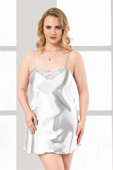Arias Closet Büyük Beden Beyaz Kısa Saten Gecelik ürün görseli 1