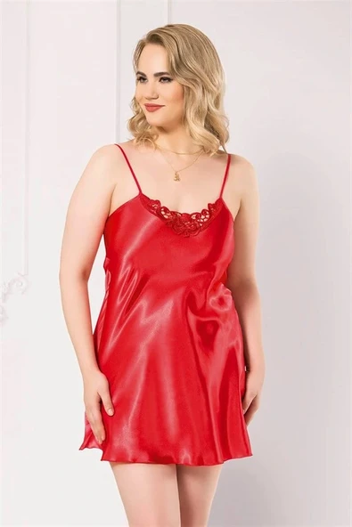 Arias Closet Büyük Beden Kırmızı Kısa Saten Gecelik ürün görseli 1