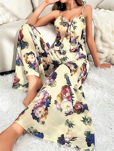 Arias Closet Özel Tasarım Çiçek Desenli Salaş Kesim Şık Dekolteli 2'li Takım ürün görseli 1