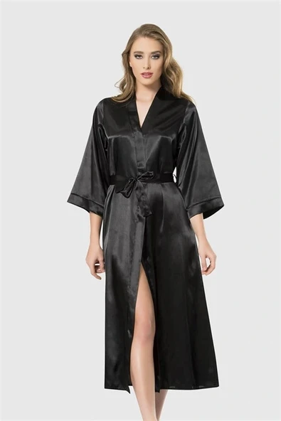 Arias Closet Siyah Uzun Saten Sabahlık ürün görseli 1
