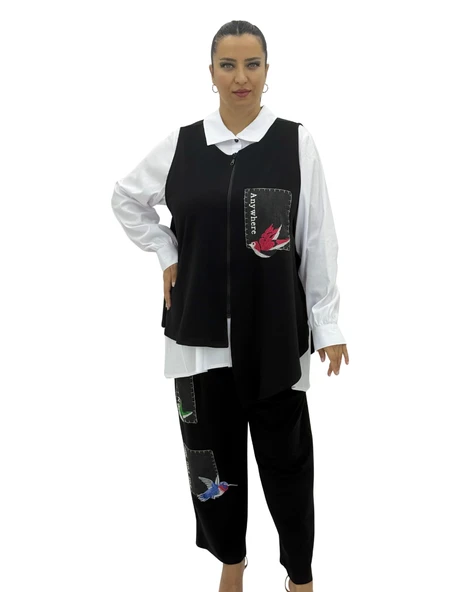 Büyük Beden Nakışlı Gömlek Pantolon Yelek Üçlü Oversize Kadın Takım ürün görseli 1