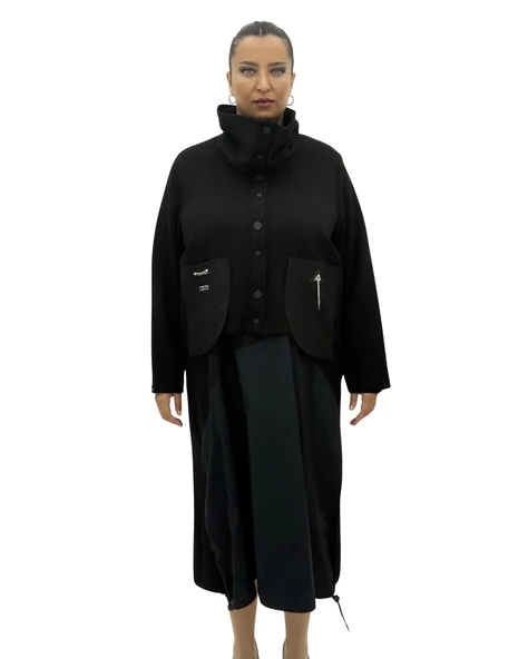 Büyük Beden Düğmeli Kısa Ceketli Uzun Elbiseli Oversize Kadın Takım ürün görseli 1