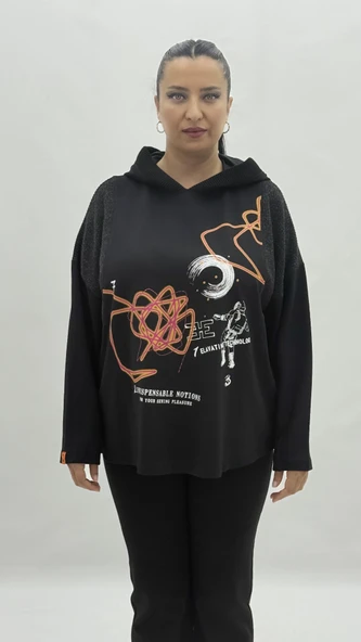 Büyük Beden Kapüşonlu Taşlı Uzun Kol Oversize Kadın Sweatshirt ürün görseli 1