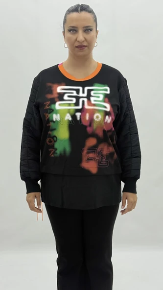 Büyük Beden Grafikli Viskon Uzun Kol Oversize Kadın Sweatshirt ürün görseli 1