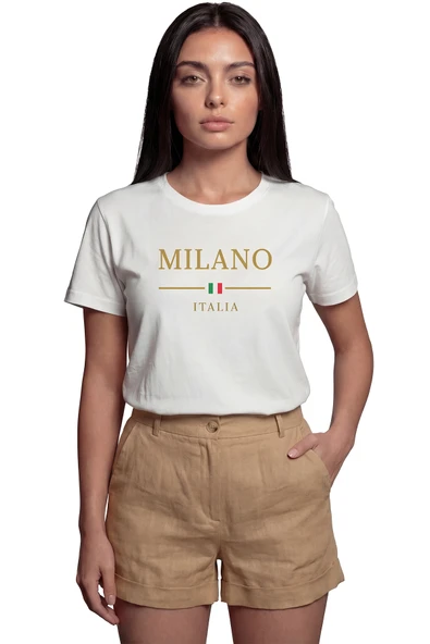 ''Milano Italia'' Gold Yazılı Minimalist Baskılı %100 Pamuk Rahat Kesim Premium Kadın Tişört ürün görseli 1