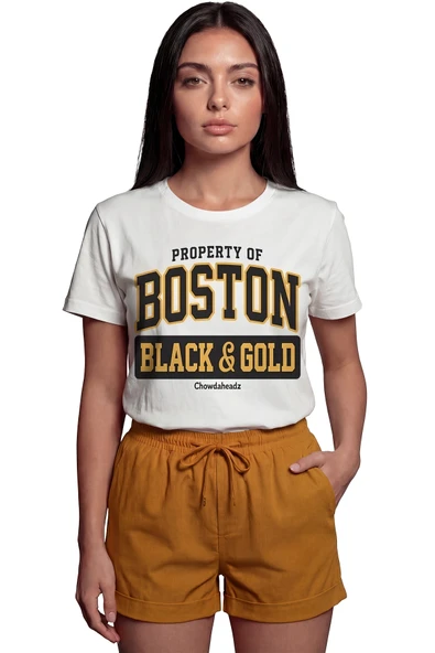 ''Boston Black & Gold'' Yazılı Sportif Baskılı %100 Pamuk Rahat Kesim Premium Kadın Tişört ürün görseli 1