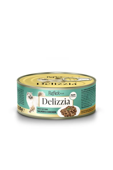 Plus Delizzia / Sos İçinde Parça Etli Somonlu & Tavuklu Yetişkin Kedi Maması 85g ürün görseli 1