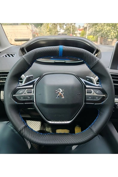 DİKİŞLİ DİREKSİYON KILIFI KARBON NOKTALI MAVİ YÜZÜK MAVİ DİKİŞLİ PEUGEOT 3008 2008 ürün görseli 1