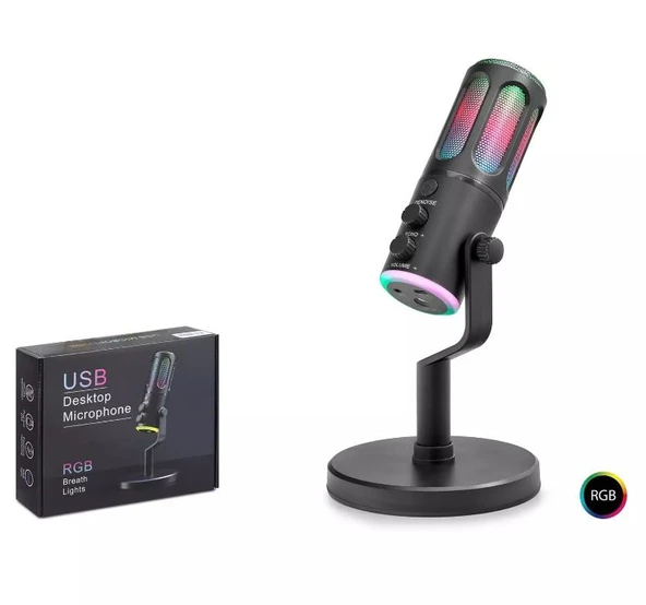 Hadron Su8 RGB Işıklı Gaming Mikrofon, DSP Gürültü Engelleme, Reverb & Echo Destekli Siyah ürün görseli 1
