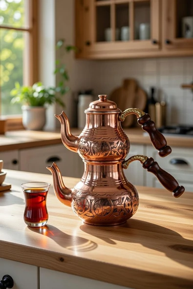 DMT COPPER HOME Bakır Küçük Boy 3 Kişilik Çaydanlık – El Yapımı Gaziantep Üretimi, Alt 900 ml Üst 500 ml ürün görseli 1