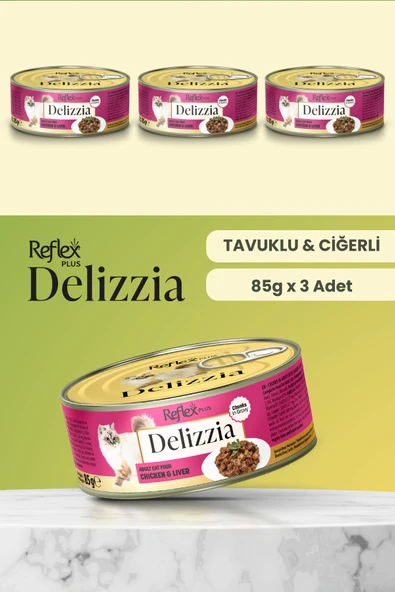 Plus Delizzia / Sos İçinde Parça Etli Tavuklu & Ciğerli Yetişkin Kedi Maması 85g x 3 Adet ürün görseli 1
