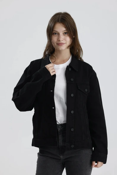 #DenimCeket %100 Pamuk Siyah Denim Rahat Kesim Lou31 Kadın Denim Jean Ceket ürün görseli 1