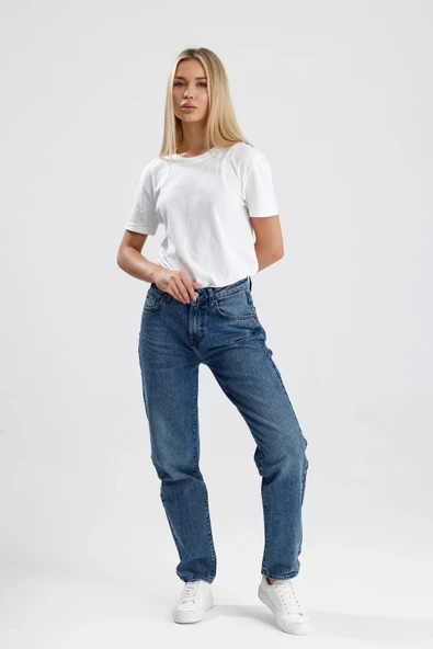 #KadınJean %100 Pamuk Orta Koyulukta Indigo Denim Mommy Fit Kesim Mimmy26 Rahat Kadın Jean Pantolon ürün görseli 1