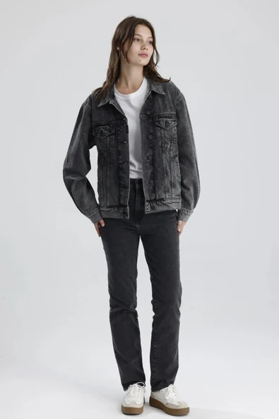 #DenimCeket %100 Pamuk Gri Denim Rahat Kesim Lou31 Kadın Denim Jean Ceket ürün görseli 1