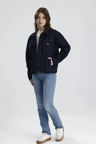 #DenimCeket Koyu Indıgo Denim Rahat Kesim Lou31 Kadın Denim Jean Ceket ürün görseli 1