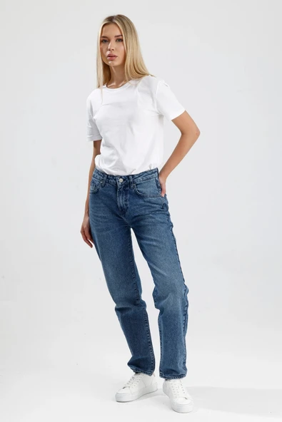 #KadınJean %100 Pamuk Orta Koyulukta Indigo Denim Mommy Fit Kesim Mimmy26 Rahat Kadın Jean Pantolon ürün görseli 1