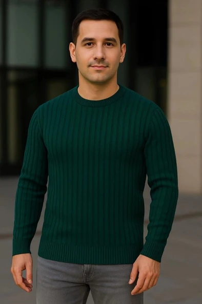 Erkek Bisiklet Yuvarlak Yaka Triko Kazak Pamuklu Kalın Fitilli Dokuma, Regular Fit Uzun Kollu Kışlık Model - Haki ürün görseli 1