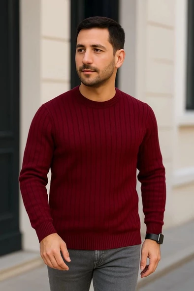 Erkek Bisiklet Yuvarlak Yaka Triko Kazak Pamuklu Kalın Fitilli Dokuma, Regular Fit Uzun Kollu Kışlık Model - Bordo ürün görseli 1