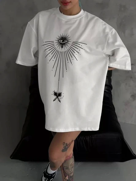 Unisex Bisiklet Yaka Baskılı Oversize T-Shirt - Beyaz ürün görseli 1