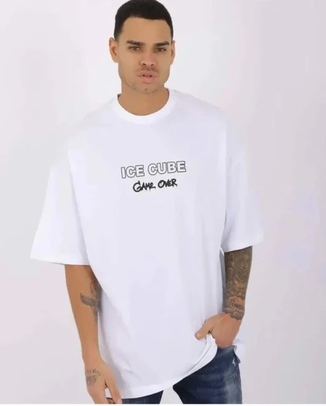 Unisex Bisiklet Yaka Baskılı Oversize T-Shirt - Beyaz ürün görseli 1