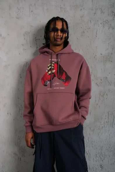 Erkek Eldiven Baskılı Kapüşonlu Sweat - Gül Kurusu - Resim 2