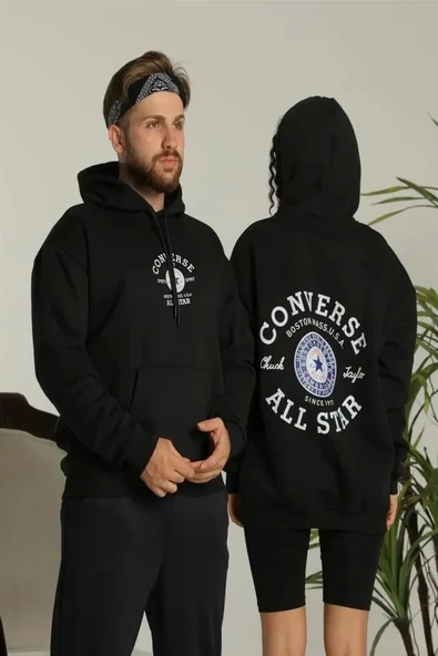 Erkek Sırt Baskılı Oversize Üç İplik Kapüşonlu Hoodie Sweatshirt - Siyah ürün görseli 1