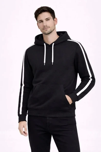 Erkek Şeritli Kapüşonlu Sweatshirt Oversize 3 Iplik Pamuklu - Siyah ürün görseli 1