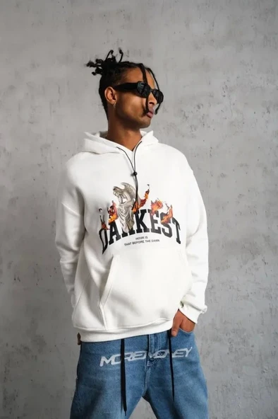 Erkek DANKES Baskılı Kapüşonlu Sweat - Beyaz - Resim 4