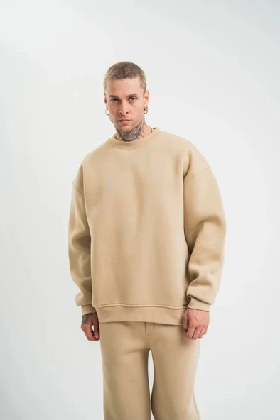 Uzun Kol Bisiklet Yaka Basic SweatShirt - Bej ürün görseli 1