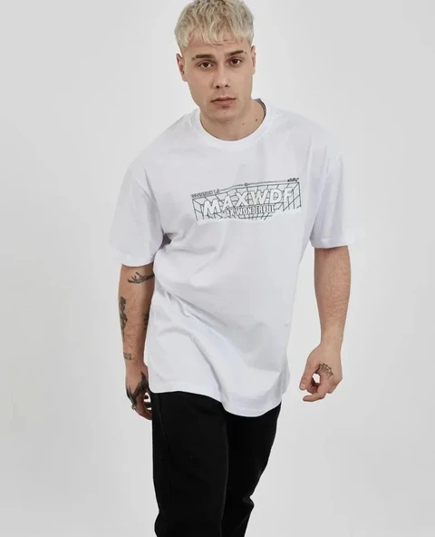 Unisex Bisiklet Yaka Baskılı Oversize T-Shirt - Beyaz ürün görseli 1
