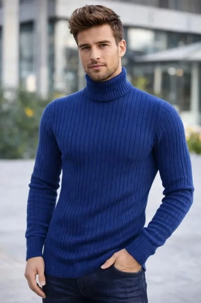 Erkek Balıkcı Yaka Bağazlı Triko Kazak Pamuklu Kalın Fitilli Dokuma, Regular Fit Uzun Kollu Kışlık Model - İndigo ürün görseli 1