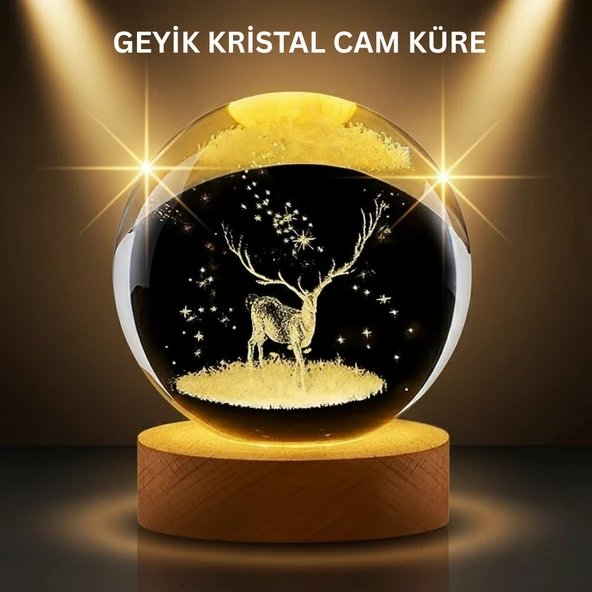 LED Işıklı Geyikli Kristal Küre Ahşap Standlı Modern Dekor Lamba ürün görseli 1