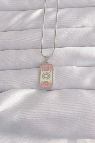 316L Çelik Gümüş Renk Pembe Mineli Ay Figür Tarot Kolye - TJ-BKO9045 ürün görseli 1