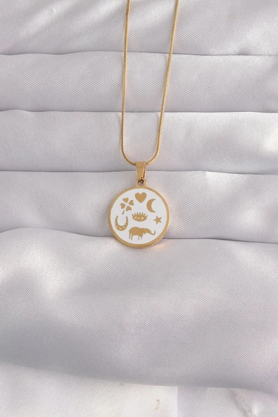 316L Çelik Gold Renk Beyaz Mineli Karışık Figürlü Tarot Kolye - TJ-BKO9041 ürün görseli 1