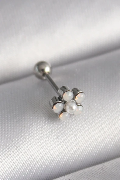 316L Çelik Gümüş Renk Zirkon Taşlı Çiçek Model Tragus Piercing - TJ-PR1283 ürün görseli 1