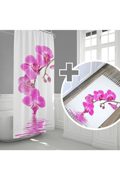 Pembe Orkide Desen Banyo Paspası, Dijital Baskılı Kaymaz Taban Banyo Paspası Ve Orkid Banyo Perdesi ürün görseli 1