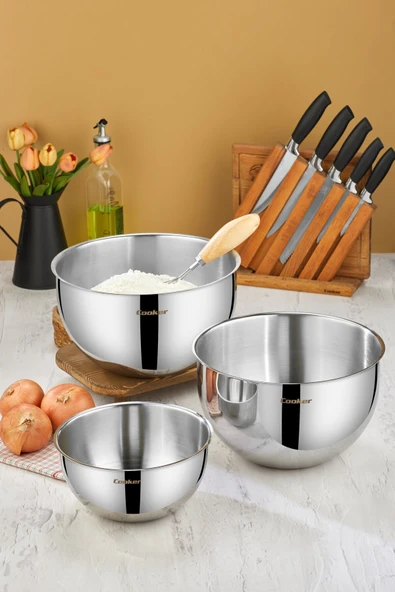 Cooker 3'lü 24 cm-3,5 L, 26 cm-7 L ve 28 cm-8 L Paslanmaz Çelik Karıştırma Kabı Seti CKR3526-27-28 ürün görseli 1