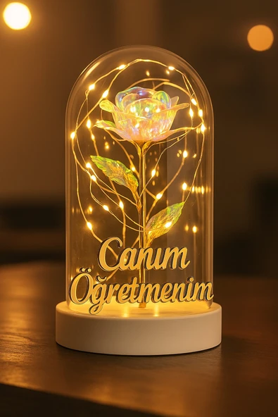 Canım Öğretmenim Yazılı Led Işıklı Solmayan Güllü Gece Lambası Fanus Dekor Süs ürün görseli 1