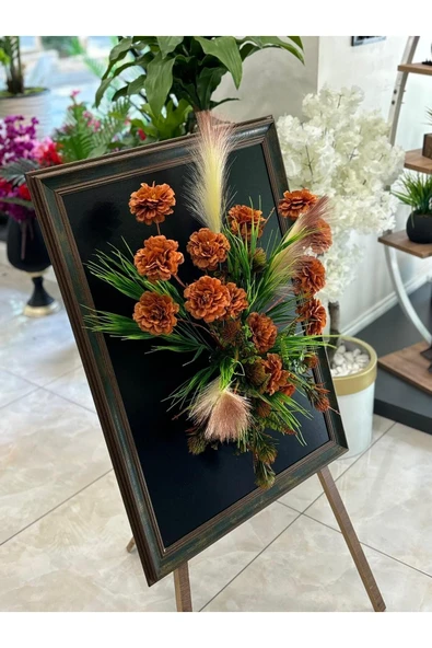 MODERN TASARIM TABLO 3 BOYUTLU ÇERÇEVELİ TURUNCU YAPAY ÇİÇEK PAMPAS HEDİYELİK 60-80 CM ürün görseli 1