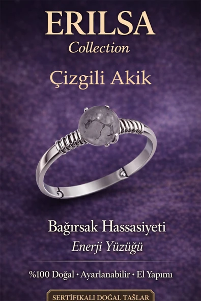 Sertifikalı Bağırsak Hassasiyeti Enerji Yüzüğü – Çizgi Akik Taşı Ayarlamalı İnce Başak Yengeç Oğlak ürün görseli 1