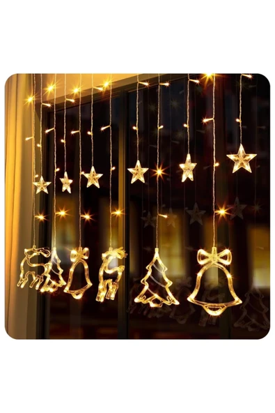 rkmstore Yeni Yıl Çam Ağacı Geyik Çan Temalı Işık Zinciri Yılbaşı Noel Perde Led Işık Süslemesi ürün görseli 1