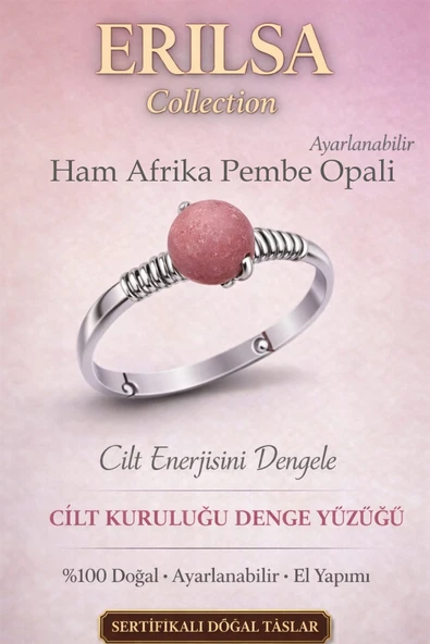 Sertifikalı Cilt Kuruluğu Denge Yüzüğü – Ham Afrika Pembe Opali Ayarlamalı İnce Terazi Balık Yengeç ürün görseli 1