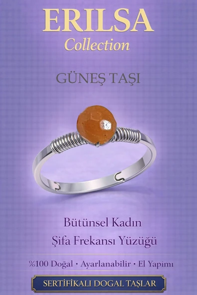 Sertifikalı Bütünsel Kadın Enerji Yüzüğü – Güneş Taşı Ayarlanabilir İnce Kasa Aslan Koç Yay Burcu ürün görseli 1